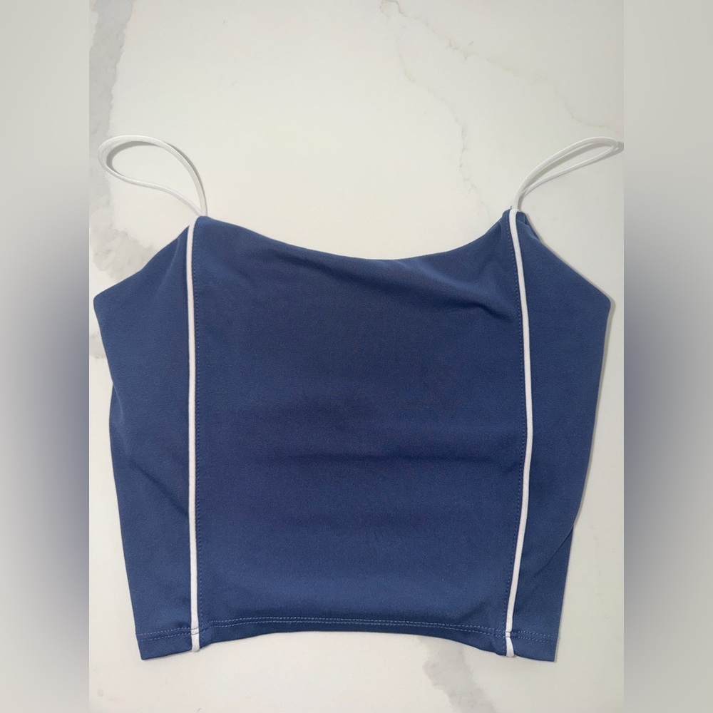 Sommer Ray Blue Athletic Crop Tank Top White Piping Size Small Gym Workout